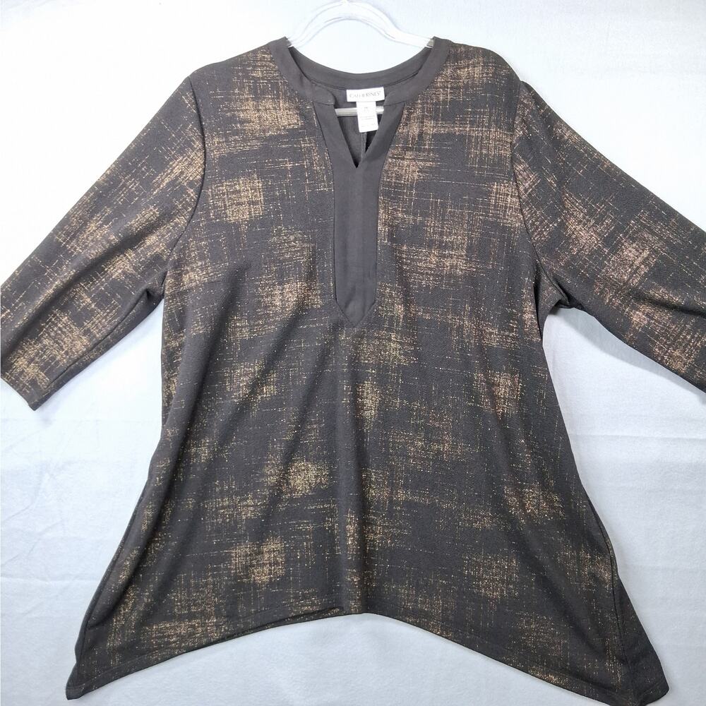 Catherines Tunic Top‎ Women's 1X / 18 20 Black Shiny Gold 3/4 Sleeve Asymmetric